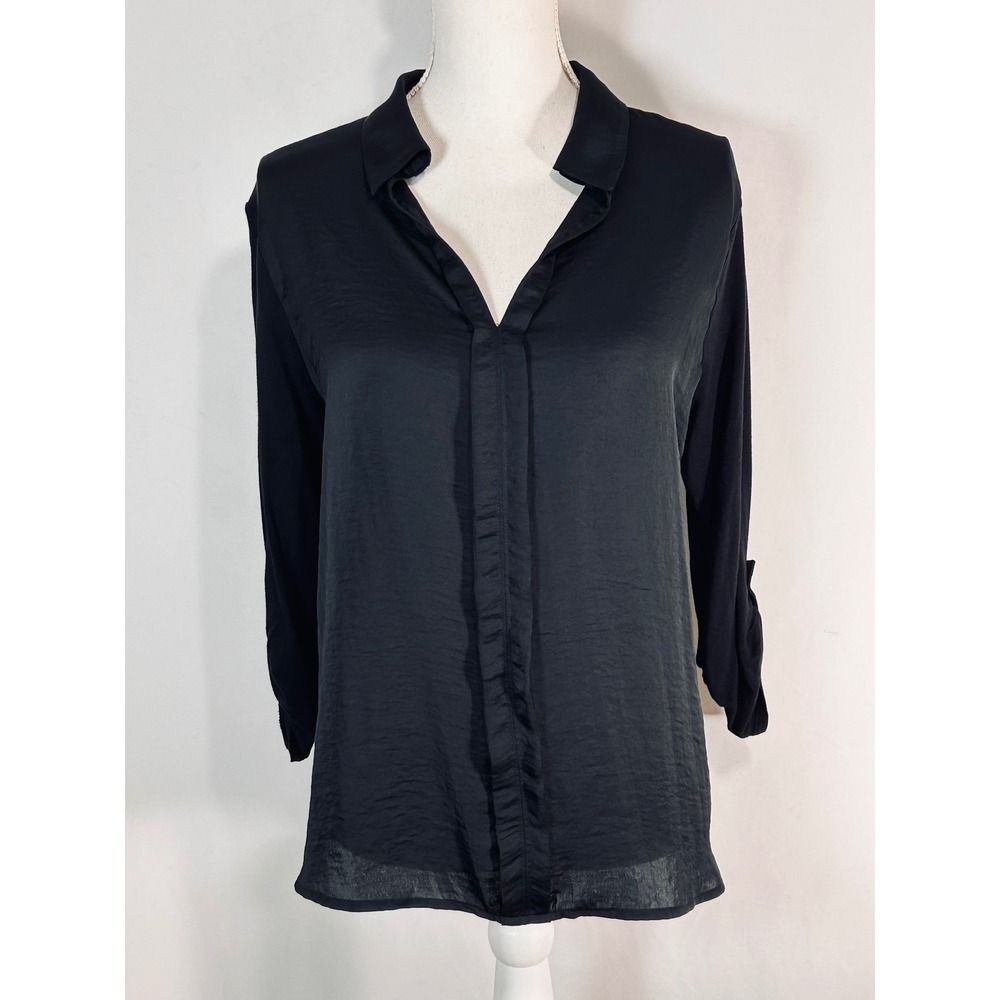 Black Mixed Media Roll Tab Sleeve V-Neck Blouse Satin Front Top Womens